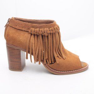 Sbicca Hickory Suede Leather Peep Toe Stacked Heel Fringe Ankle Bootie Size 7